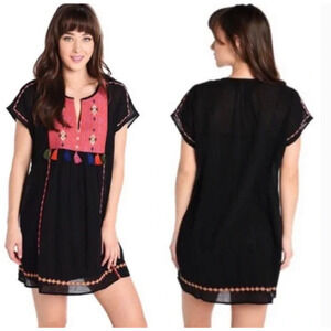 Joie Black Gauze Lucretia Embroidered Tassel Shift Tunic Dress SZ S Boho Sheer